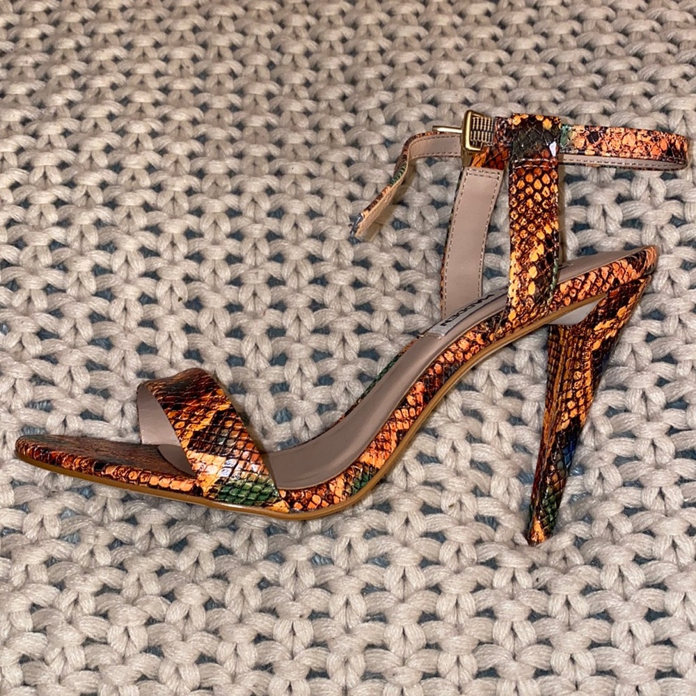Women’s Orange Snake-Print Ankle Strap High Heel Sandals